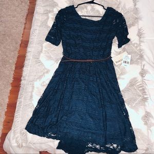 Navy Blue Lace Dress With Brown Belt